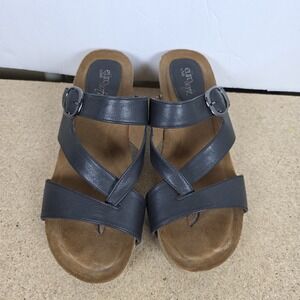 Eurosoft by Sofft Emrie Wedge Sandals 11 Womens Black Strappy Leather Open Toe